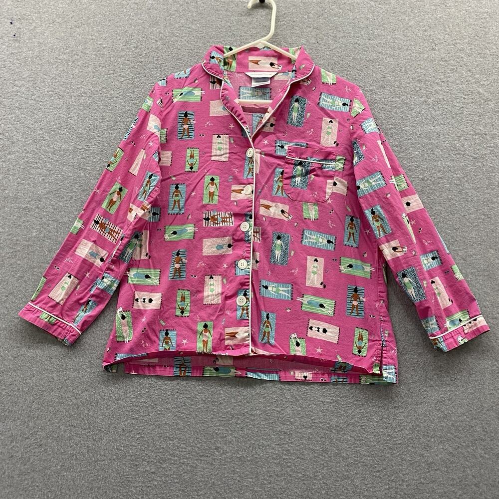 The Company Store Pajama Top M Pink Beach Pool Print Flannel Button Up Sleepwear
